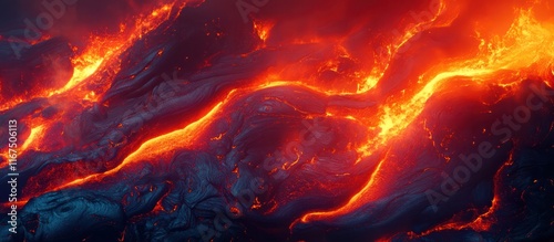 Dramatic scene of an explosive volcanic eruption with flowing rivers of fiery molten lava cascading down the mountainside creating a powerful and destructive natural phenomenon photo