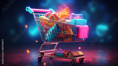 Vibrant Shopping Cart Filled with Groceries