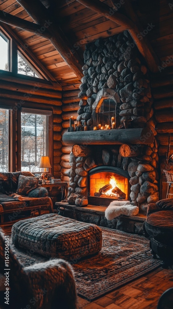 Obraz premium Cozy log cabin interior with a stone fireplace and warm ambiance.