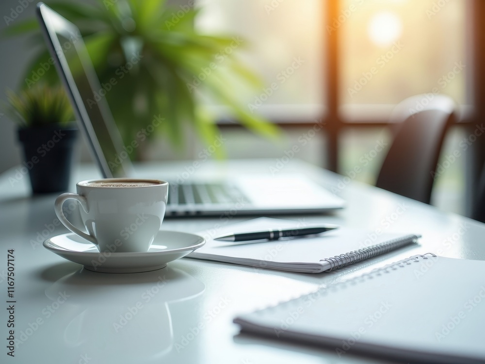 Morning workspace with coffee, laptop, and notebooks illuminates a productive environment during daylight hours Morning workspace with coffee, laptop, and notebooks illuminates a productive environment during daylight hours