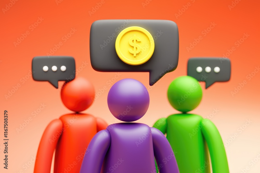 Three figures discussing monetary matters; a concept of financial communication and collaboration. Three figures discussing monetary matters; a concept of financial communication and collaboration.