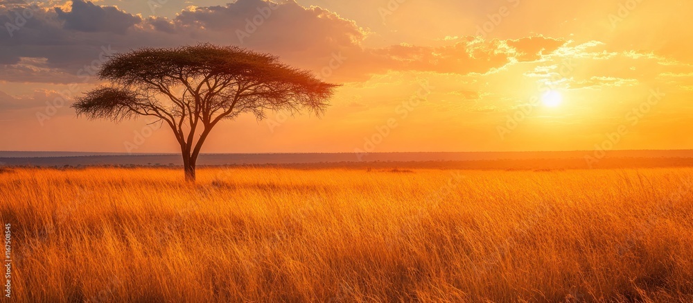 Fototapeta premium Breathtaking sunset over the vast golden Serengeti savanna in Tanzania with a majestic acacia tree silhouetted against the dramatic warm evening sky