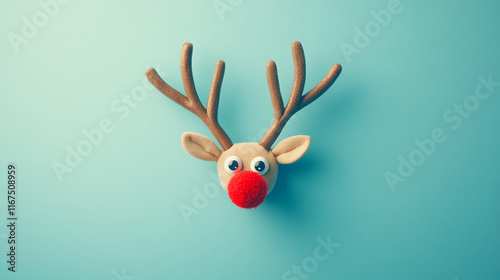 Cute reindeer head with big eyes and red nose on a blue background photo