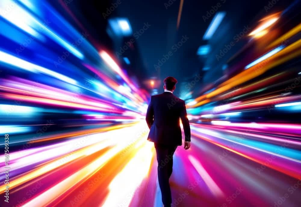 a man surround city hilight, light trail, moving forward a man surround city hilight, light trail, moving forward