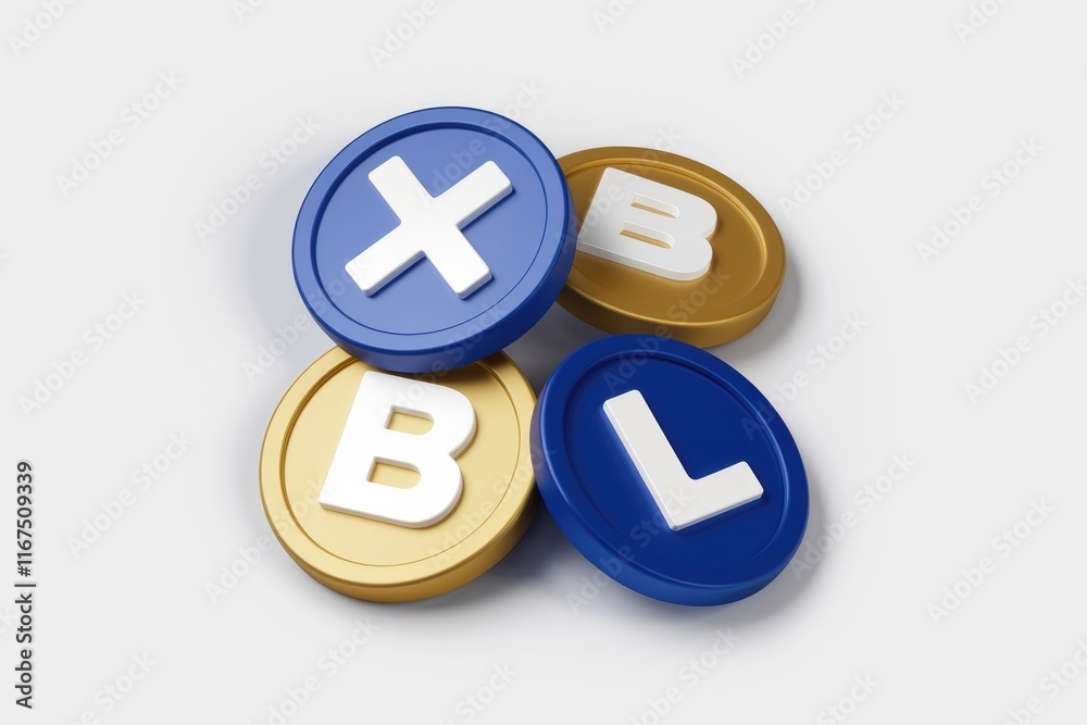 3D render of blue and gold game controller buttons with letters X, B, L, and B. 3D render of blue and gold game controller buttons with letters X, B, L, and B.