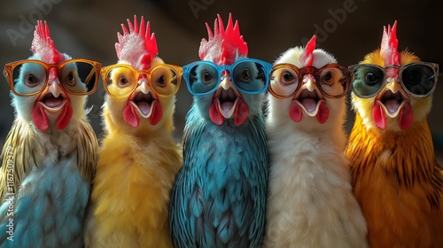 Five colorful chickens wearing trendy glasses, showcasing a fun and quirky farm animal theme, perfect for humor-based designs, social media, and lighthearted promotions