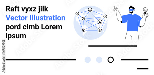 Man with VR glasses holds light bulb. Network nodes in background suggest connections, innovation, and technology. Ideal for tech, innovation, networking, business, virtual reality, smart solutions