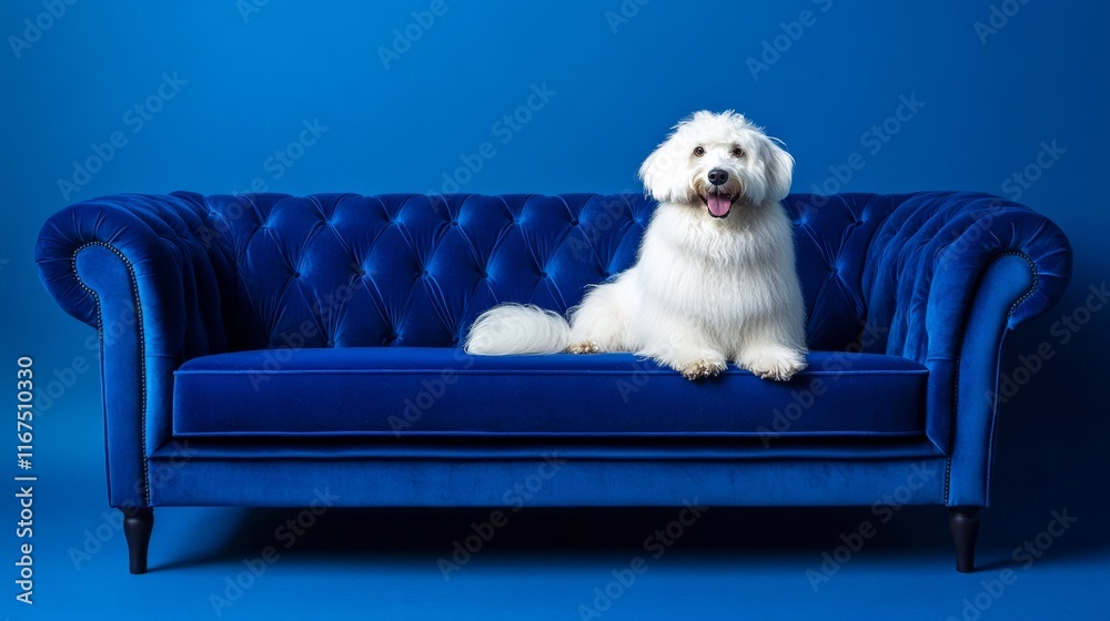 Happy old English sheepdog relaxing on a blue sofa. Happy old English sheepdog relaxing on a blue sofa.