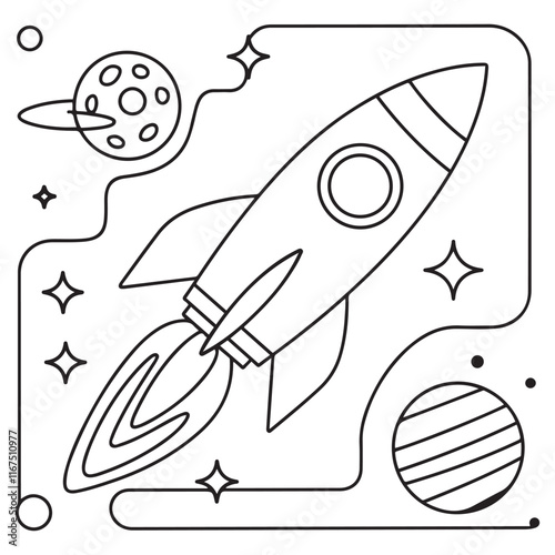 The rocket flies to the moon coloring book. Antistress planet, earth and moon Vetor illustration in zentangle style.