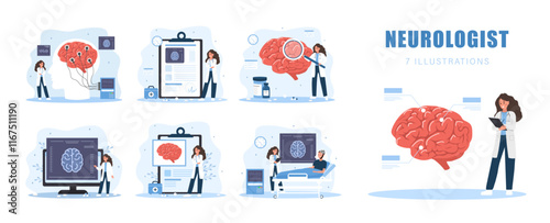 Neurologist concept. Female Doctor diagnosis and monitors treatment of Brain diseases. Research scientist. Neurology or Neuroscience. Set of Vector illustrations in flat cartoon style.