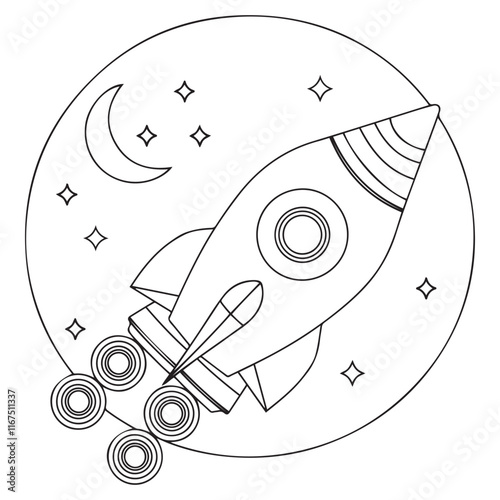 The rocket flies to the moon coloring book. Antistress planet, earth and moon Vetor illustration in zentangle style.