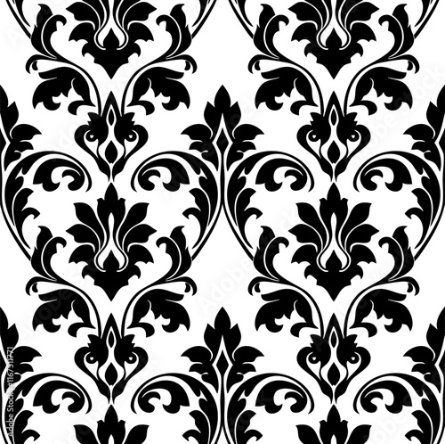 Classic black damask pattern with arabesque floral elements and intricate details in a symmetrical layout.