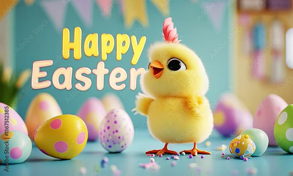 A cartoon chicken is standing in front of a bunch of Easter eggs. The eggs are scattered around the chicken, and the eggs are of different colors. Concept of joy and celebration