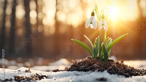 Delicate snowdrops blooming in frostcovered soil signifying renewal copy space, seasonal theme, ethereal, double exposure, snowy forest backdrop photo