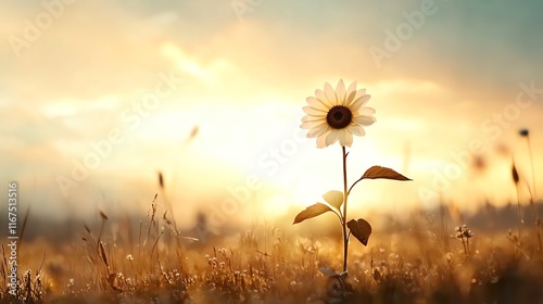 A single sunflower standing tall against a pastel sky symbolizing resilience and connection selective focus, hopeful theme, surreal, silhouette, open meadow backdrop