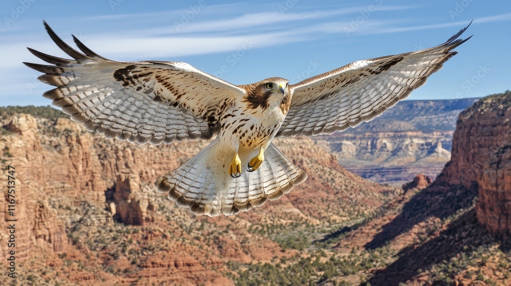 Fototapeta premium Red-tailed hawk in flight over a dramatic canyon landscape.
