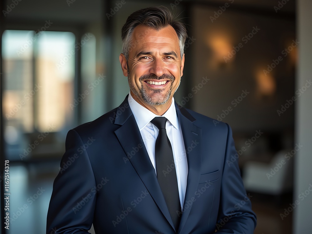 A confident businessman with a warm smile, dressed in a suit and tie, standing in a modern office environment A confident businessman with a warm smile, dressed in a suit and tie, standing in a modern office environment