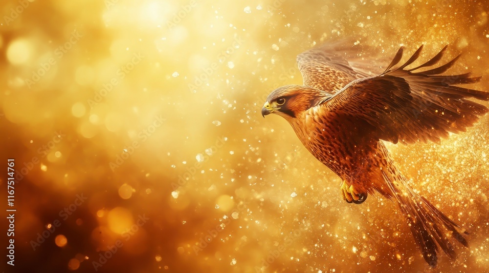 A majestic hawk soars gracefully against a shimmering golden backdrop, capturing the essence of freedom and power. A majestic hawk soars gracefully against a shimmering golden backdrop, capturing the essence of freedom and power.
