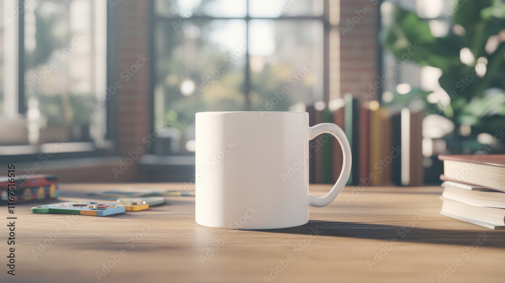 A plain white mug sits on a wooden table near a window, bathed in sunlight. Books and small items are blurred in the background. A plain white mug sits on a wooden table near a window, bathed in sunlight. Books and small items are blurred in the background.