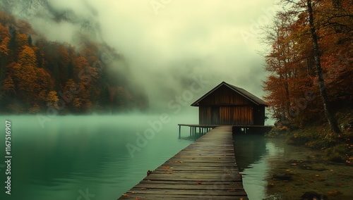 A Small Wooden House Located on the Shore of an Emerald Lake

 photo