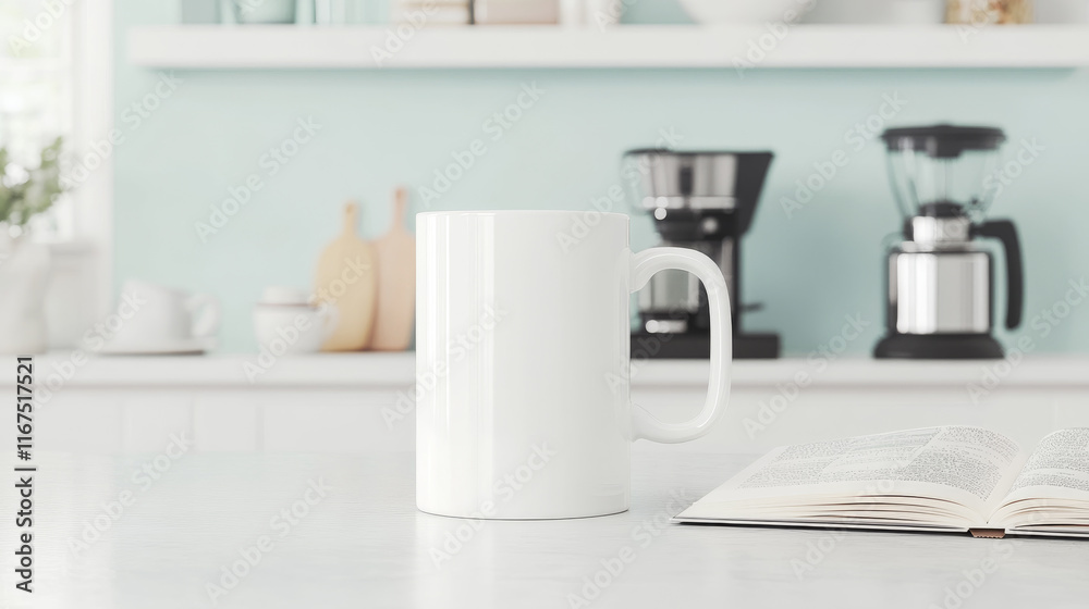 A large white mug sits on a kitchen counter next to an open book. Coffee makers are blurred in the background. A large white mug sits on a kitchen counter next to an open book. Coffee makers are blurred in the background.