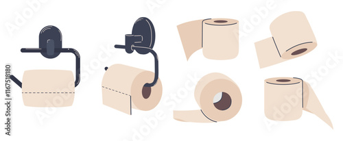 A set of toilet paper rolls from different angles. A roll of toilet paper is hanging on a wall holder. Isolated on a white background. Flat vector illustration.