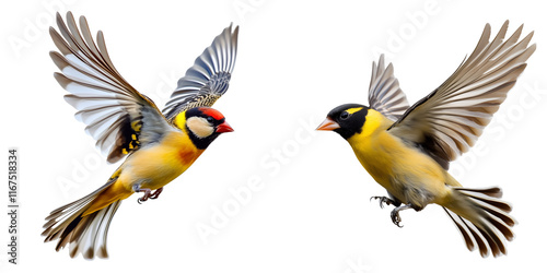 Set of a Goldfinch in flight, full-body view, isolated on transparent background.