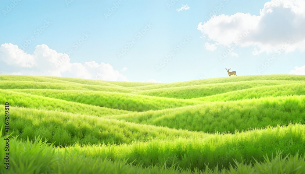 Naklejka premium Deer in a serene mood standing on rolling green hills under a clear blue sky