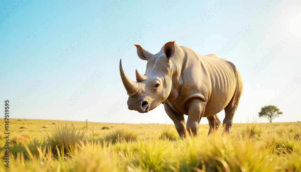 Obraz premium Rhino in a focused mood approaching the camera in a sunny grassland