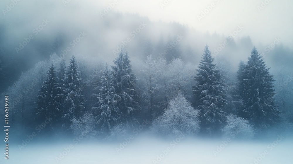 Snow Covered Trees Enveloped In Misty Winter Fog Snow Covered Trees Enveloped In Misty Winter Fog