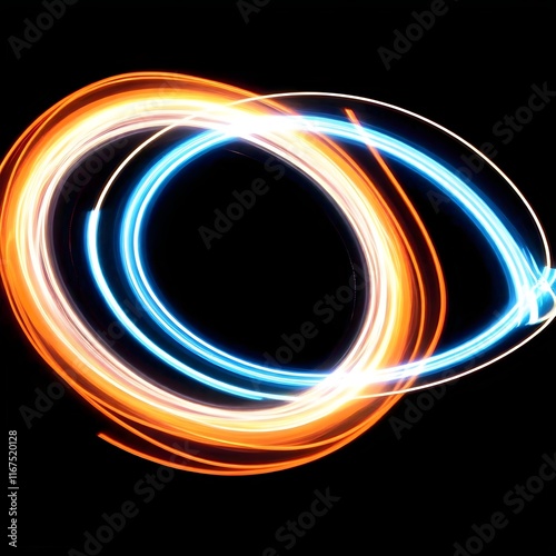 Neon Light Circle in a Spiral Motion Creating a Futuristic Energy Vortex with Glowing Blue and Orange Rings