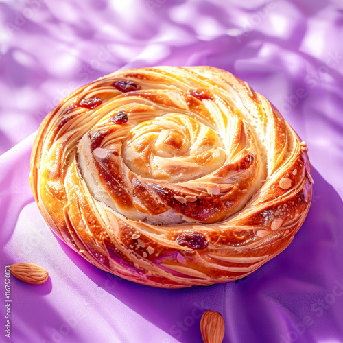 Bulgarian kozunak bread with intricate swirls resting on lavender fabric under sunlight surrounded by scattered almonds. Concept of festive traditions, comfort food and artisanal baking. Square format photo