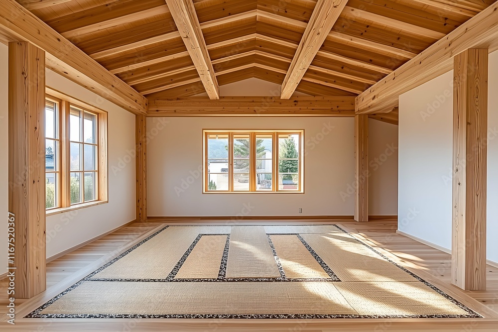 Fototapeta premium Bright minimalist room with exposed wooden beams, natural light, and tatami flooring creating a serene and modern aesthetic
