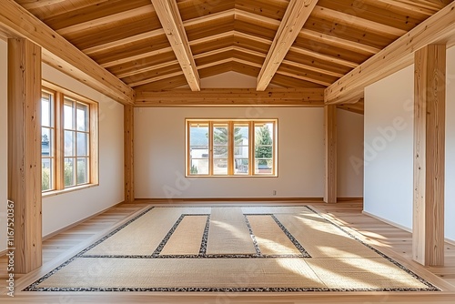 Bright minimalist room with exposed wooden beams, natural light, and tatami flooring creating a serene and modern aesthetic