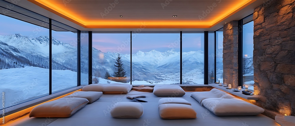 Fototapeta premium Mountain view meditation room with floor cushions.