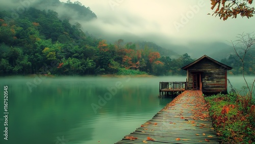 A Small Wooden House Located on the Shore of an Emerald Lake

 photo