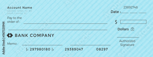Blank bank cheque Personal desk check template with empty field