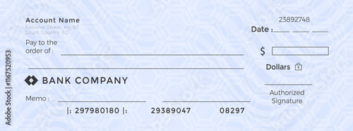 Bank check, vector blank money cheque, checkbook template with guilloche pattern