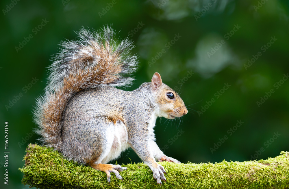 Grey squirrel standing on a mossy tree branch Grey squirrel standing on a mossy tree branch