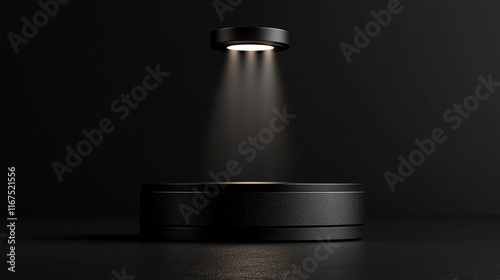 A single spotlight shines on an empty modern podium creating a stark contrast between light and shadow symbolizing focus potential opportunity clarity in a minimalistic setting against chaos

 photo