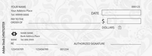 White bank cheque check paper template design with guilloche pattern and fields coupon, money check
