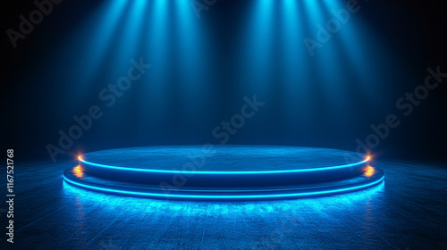 A single spotlight shines on an empty modern podium creating a stark contrast between light and shadow symbolizing focus potential opportunity clarity in a minimalistic setting against chaos

 photo