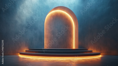 A single spotlight shines on an empty modern podium creating a stark contrast between light and shadow symbolizing focus potential opportunity clarity in a minimalistic setting against chaos

