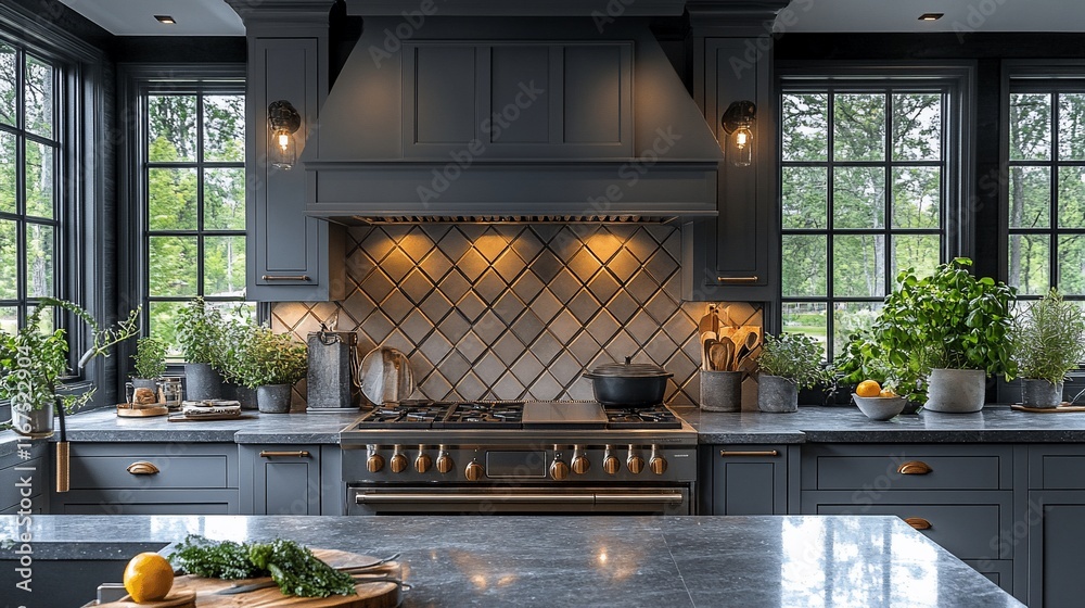 Modern Dark Gray Kitchen With Natural Light And Greenery Modern Dark Gray Kitchen With Natural Light And Greenery