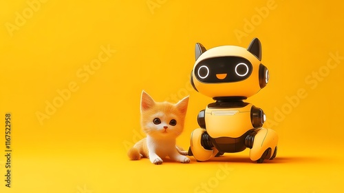 Adorable Kitten and Yellow Cat Robot Friend Together