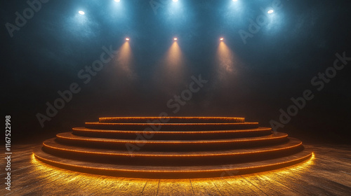 A single spotlight shines on an empty modern podium creating a stark contrast between light and shadow symbolizing focus potential opportunity clarity in a minimalistic setting against chaos

 photo