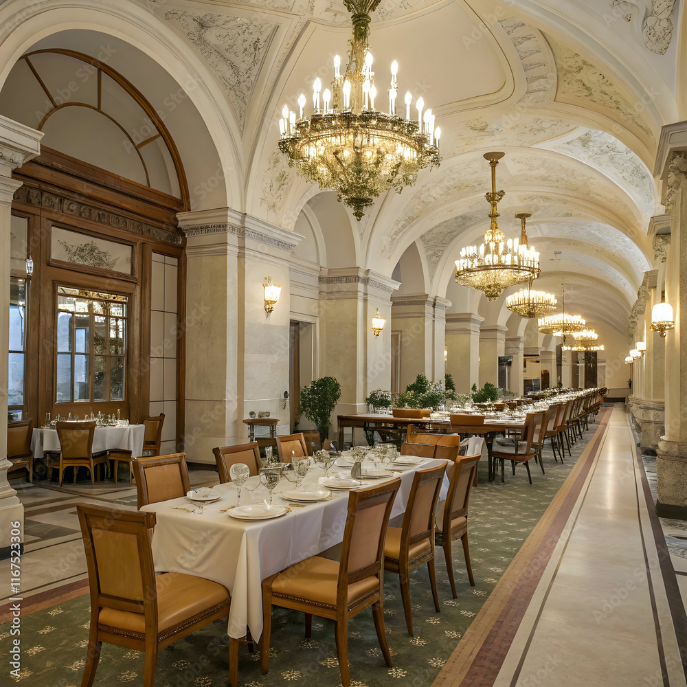 Fototapeta premium restaurant table with wooden chairs placed in hall
