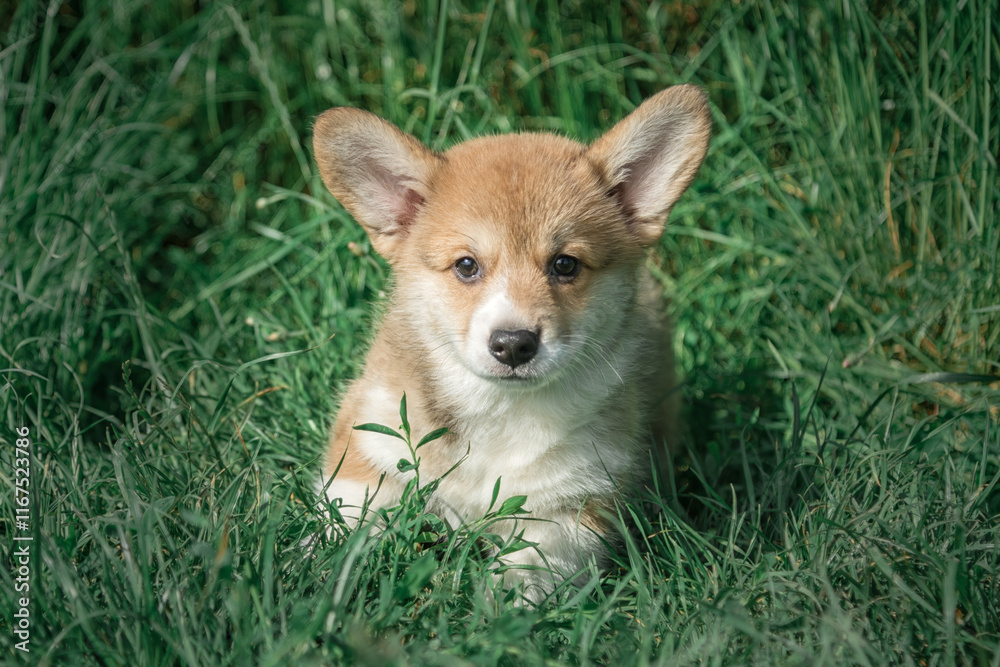 A Pembroke Corgi puppy sits in the grass. A Pembroke Corgi puppy sits in the grass.