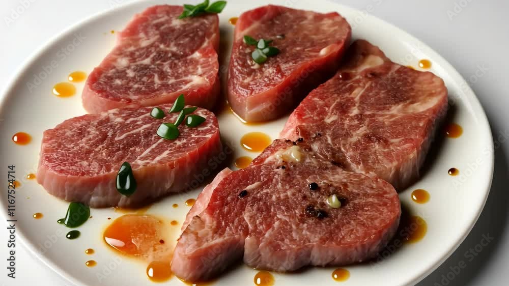 Succulent slices of premium marbled beef on a plate with garnish and sauce Succulent slices of premium marbled beef on a plate with garnish and sauce