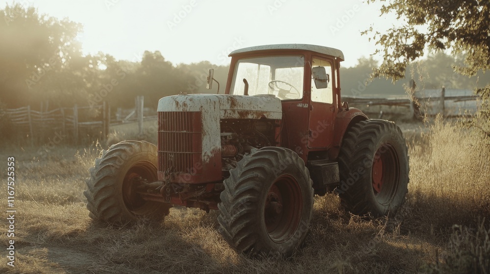 Rustic Farm Machinery in Early Morning Natural Lighting Rustic Farm Machinery in Early Morning Natural Lighting